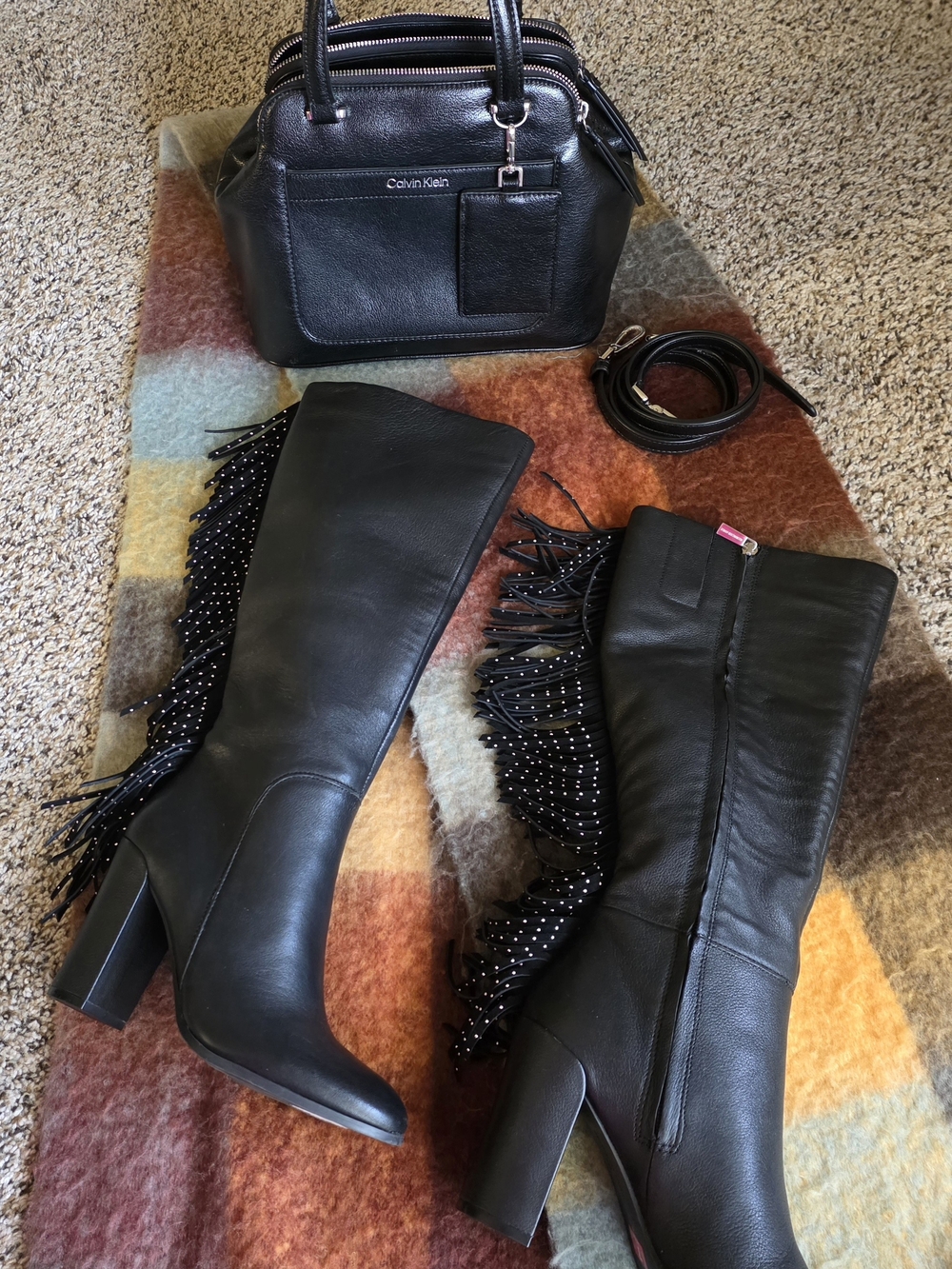 Calvin Klein Black Leather Knee Boots with Studded Fringe